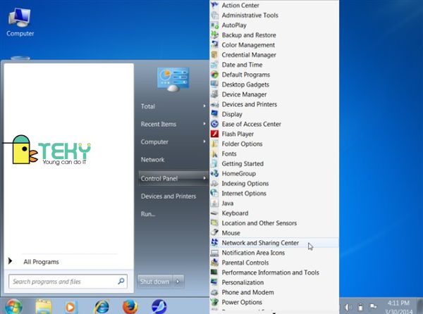 Mở Network and Sharing Center trên Win 7 để phát wifi từ máy tính