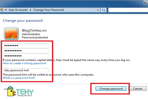 Bước 2 và Bước 3 Cách thay đổi mật khẩu cho Windows 7