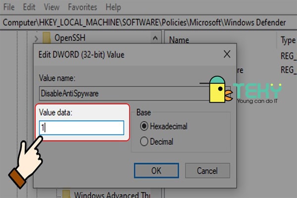Sau khi đã tạo thành công tệp DisableAntiSpyware, bạn click 2 lần vào nó để chỉnh giá trị trong “Dữ liệu giá trị:” là 1 => Cuối cùng, để lưu giá trị, bạn cần click OK.