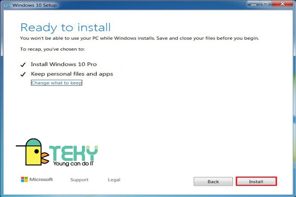 Chọn Install để upgrade win 7 lên win 10