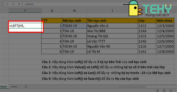 Hàm left trong excel đơn giản với các ví dụ chi tiết