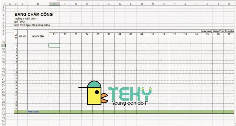 Bảng chấm công Excel theo ngày 