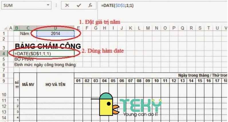 Sử dụng hàm DATE để nhập ngày đầu tiên trong tháng