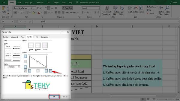 Các cách tạo đường gạch chéo trong ô excel