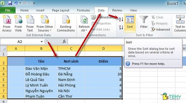 Cách sắp xếp tăng dần trong excel