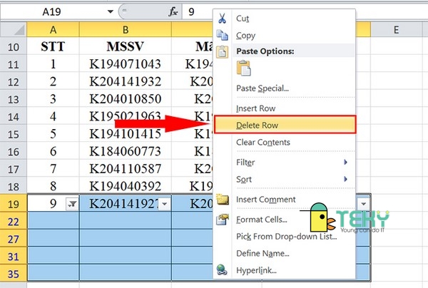 Cách xóa cột trong excel