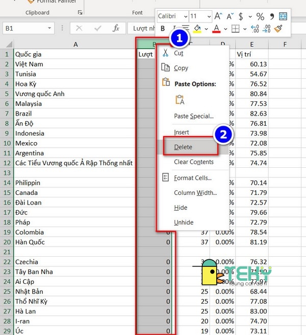 Cách xóa cột trong excel