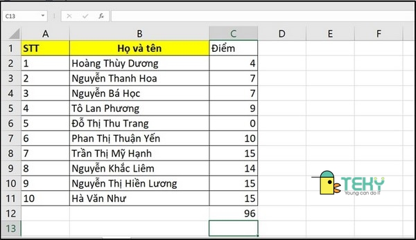 Công thức tính tổng trong excel