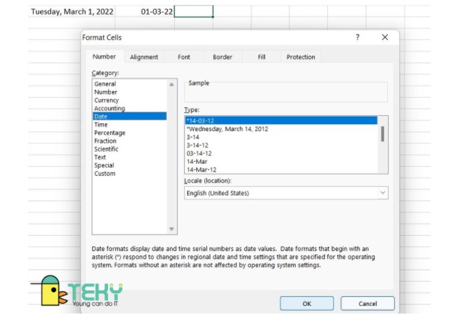 Chọn định dạng DATE trong bảng Format cell