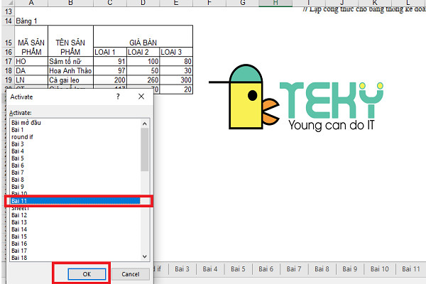 Hướng dẫn chọn sheet theo danh sách hiện có trong excel