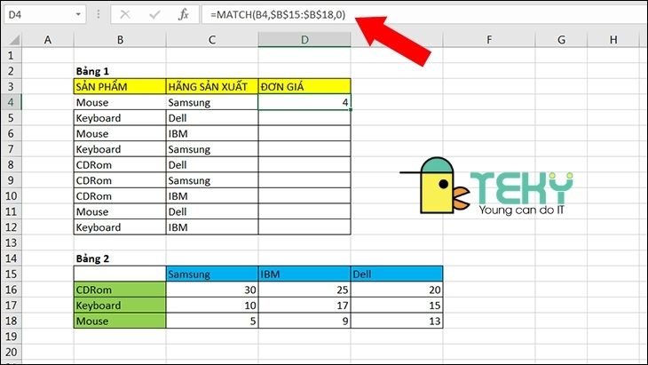 Sử dụng hàm Match để xác định vị trí hàng