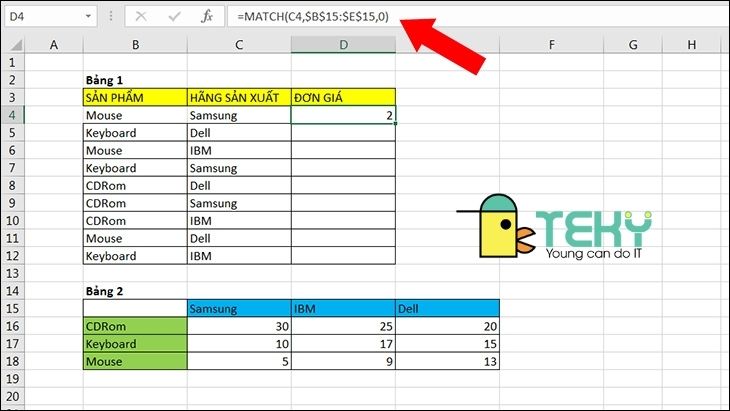 Sử dụng hàm Match để xác định ví trí của cột 