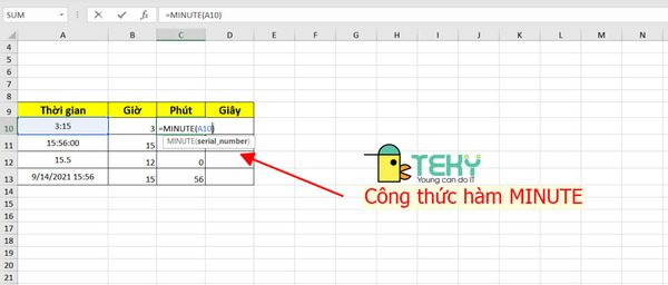 Hàm minute trong excel