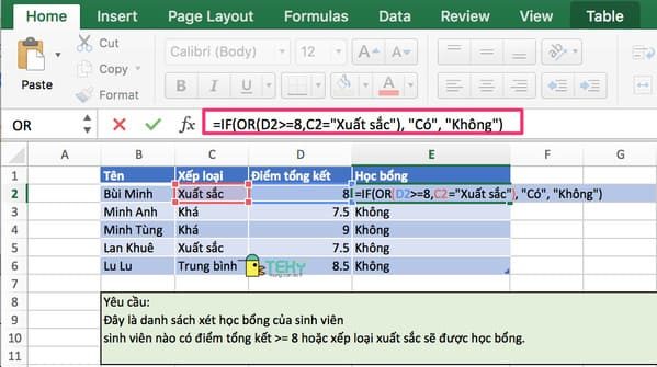 Hàm IF nâng cao kết hợp với hàm OR trong điều kiện nào?