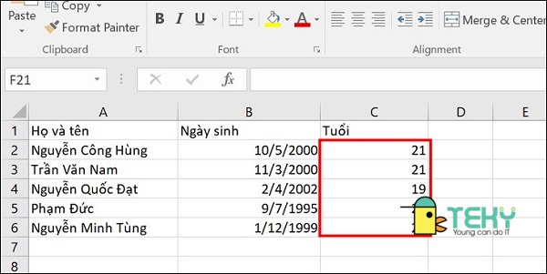 Căn chỉnh số liệu trong cách tính tuổi bằng Excel