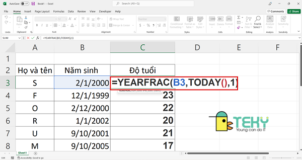 Cách tính tuổi trong Excel bằng YEARFRAC