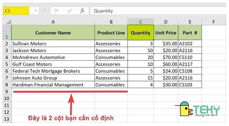 Cố định nhiều cột trong excel