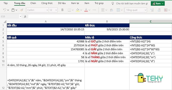 Sử dụng hàm TEXT để tính khoảng thời gian giữa 2 thời điểm