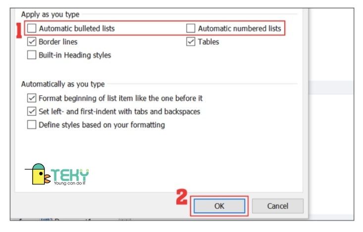 Sau đó nhấn OK để tắt tính năng tự động đánh số trong Word.