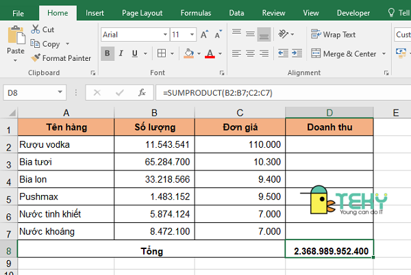 Dùng hàm SUMPRODUCT để thực hiện các phép tính toán trong excel