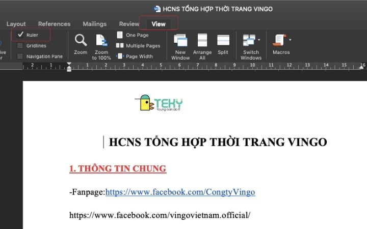 Chọn View -> đánh dấu tích vào ô Ruler