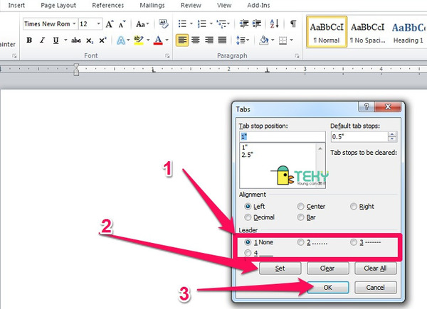  Đặt tab thông qua hộp thoại tab trong word
