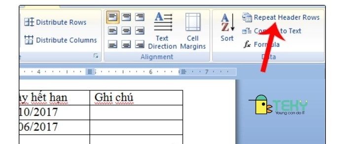 Tính năng Repeat Header Rows