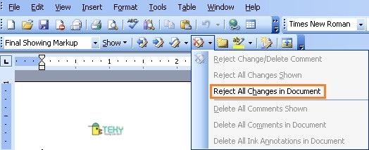 Nhấn vào Reject All Change in Document