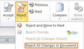 Nhấn vào Reject → Reject All Changes in Document