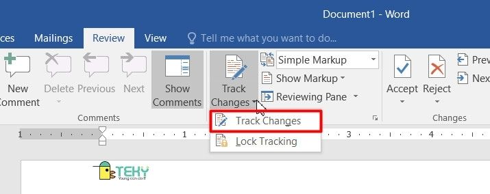 Nhấn vào mũi tên chỉ xuống ở bên phải biểu tượng Track Changes