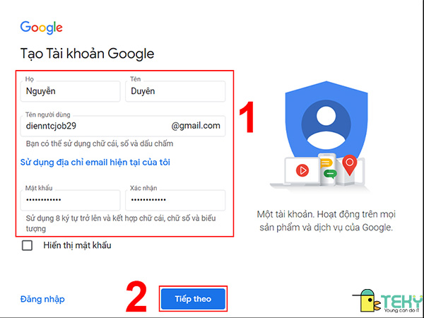 Các bước tạo tài khoản Gmail