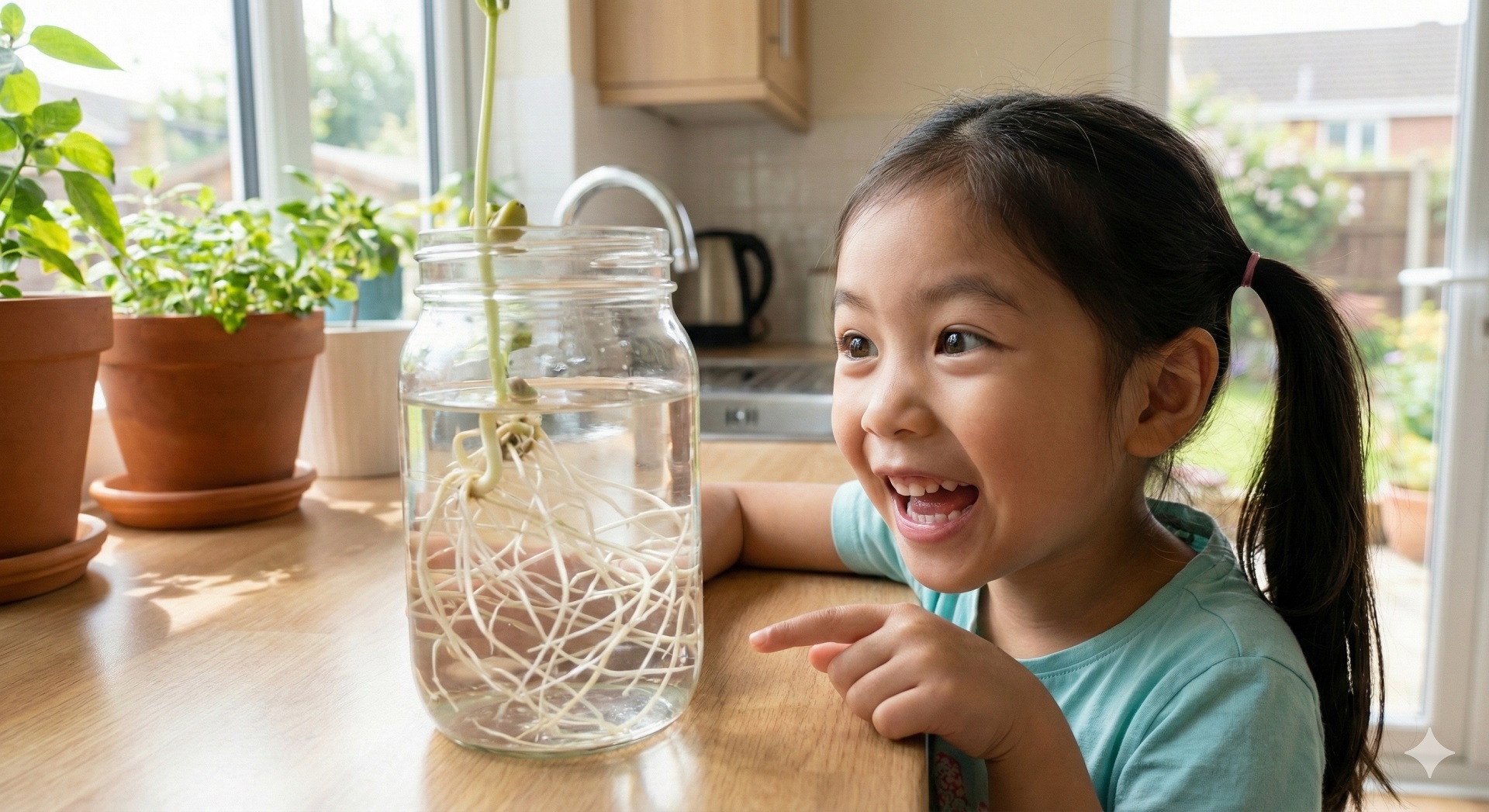 Bé gái quan sát rễ cây phát triển trong lọ nước – hoạt động STEM khám phá khoa học từ đời sống hàng ngày