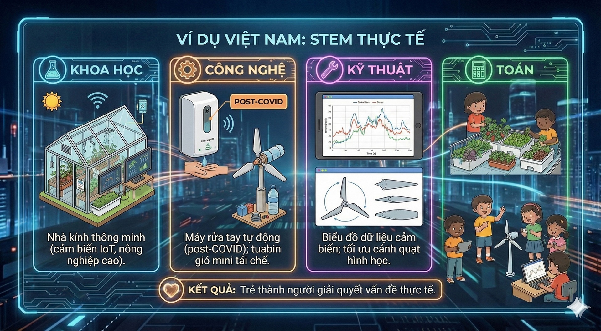 Ví dụ thực tiễn giáo dục STEM THCS tại Việt Nam: Nhà kính thông minh, máy rửa tay tự động và tuabin gió.