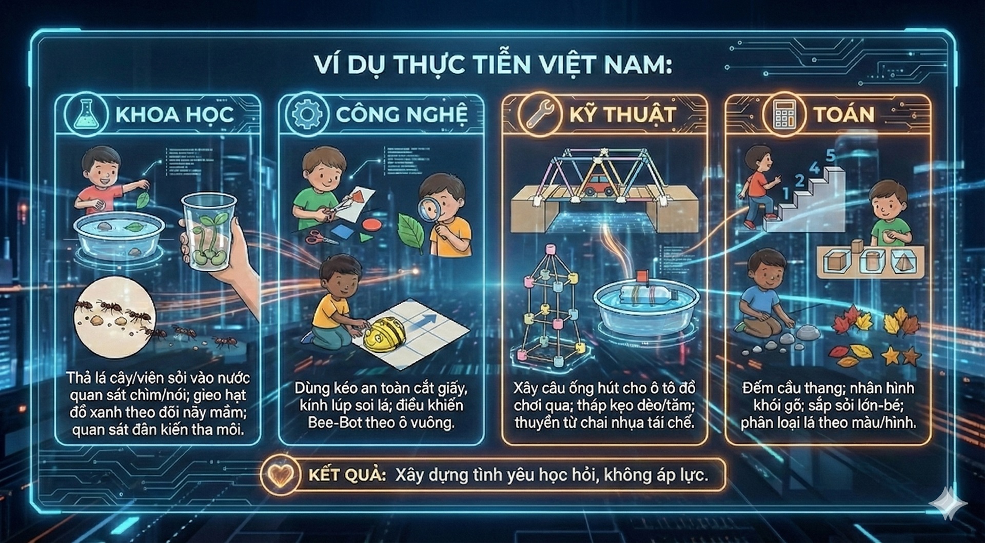 Ví dụ thực tiễn các hoạt động giáo dục STEM tại Việt Nam cho trẻ em: Khoa học, Công nghệ, Kỹ thuật, Toán.