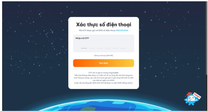 Giao diện nhập mã xác thực 