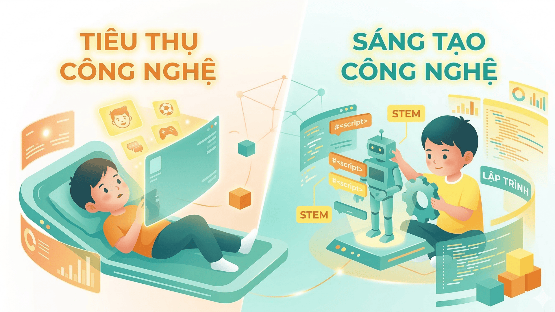 Để định hướng hiệu quả, phụ huynh cần phân biệt rõ hai trạng thái tiếp cận công nghệ: tiêu thụ và sáng tạo