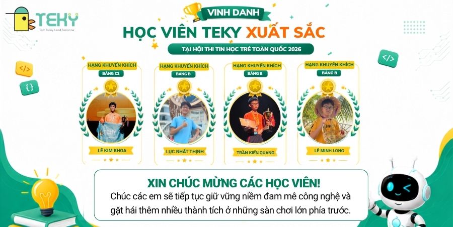 Vinh danh học viên Teky đạt thành tích tại Hội thi Tin học trẻ toàn quốc 2026