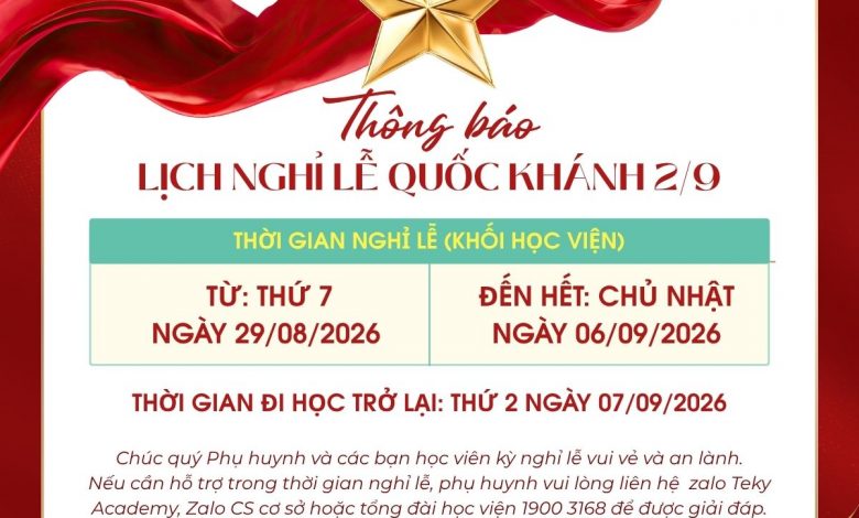 Lịch nghỉ 2/9 khối học viện Teky